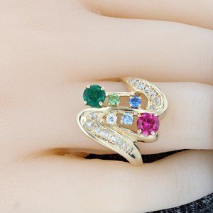 Vintage 14K Yellow Gold Diamond + Simulated Colored Gemstones Mother's Ring